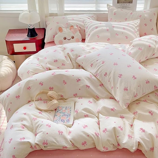 Nayoroom Pink Bow Duvet Cover Queen Size Heart Bows Printed Coquette Bedding Set 3 Pcs Kids Girls Cute Comforter Cover with Zipper Closure Soft Breathable Microfiber