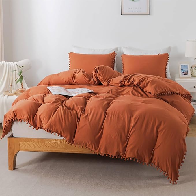 TanNicoor Pom Fringe Duvet Cover Set - 3 Piece Natural Ultra SOFE Color Washed Microfiber Bedding Set, Modern Style Down Comforter Quilt Cover with Zipper Closure(Full, Terracotta)