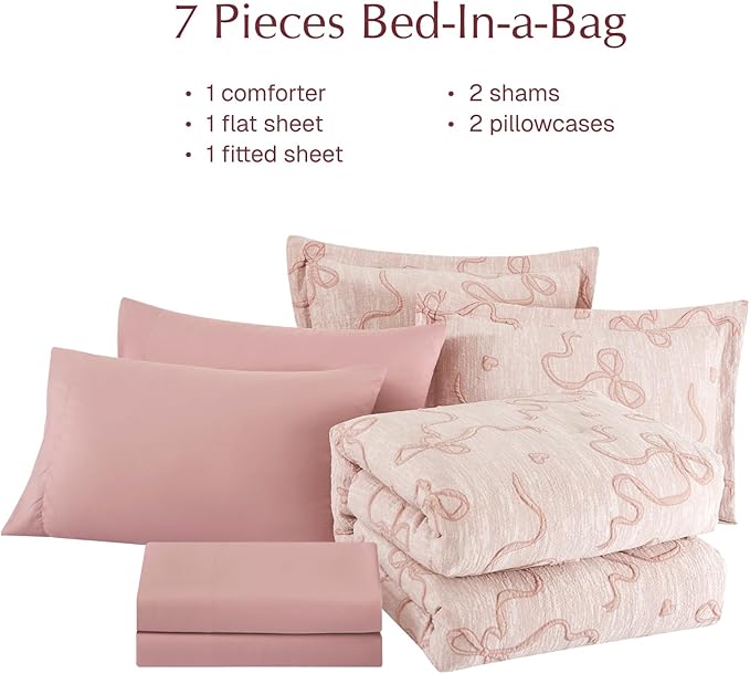 Geniospin Pink Queen Comforter Set for Girls- 7 Pieces Bowknot Jacquard Bed in A Bag Queen Bedding Sets with Sheets, Pillowcases & Shams, All Season Kids Comforter Set