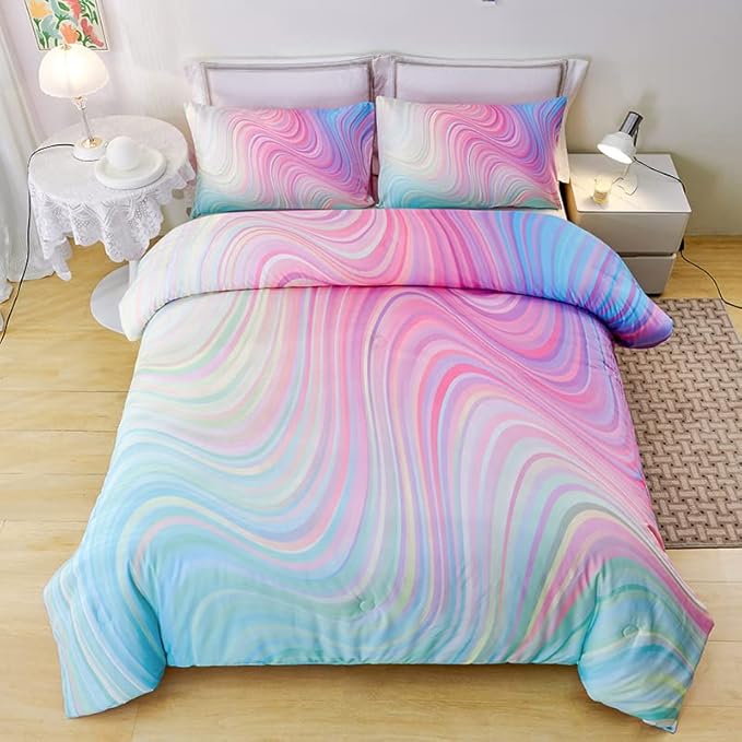 Full Size Comforter Sets for Girls 7PCS,Pink Bedding Sets,Bed Sets for Girls with Flat Sheet and Fitted Sheet,Pillowcases,Cushion Covers,Tie Dye Comforter Sets