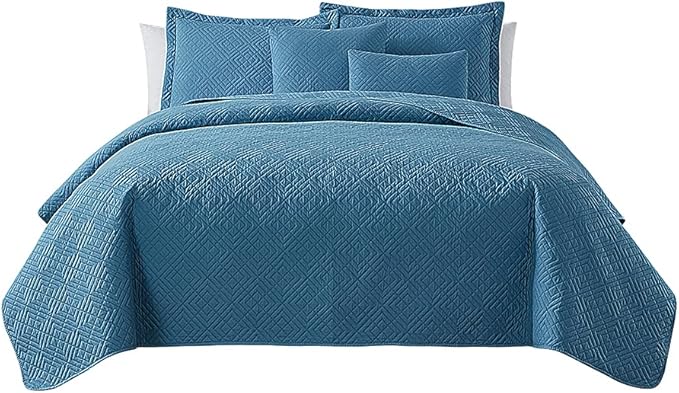 Hearth & Harbor Quilts Queen Size - All Season Bedspread Coverlet Set, Pinsonic Weave Lightweight Bedding Set - 7 Piece Queen Quilt Set with Pillow Shams, Diamond - Blue Heaven