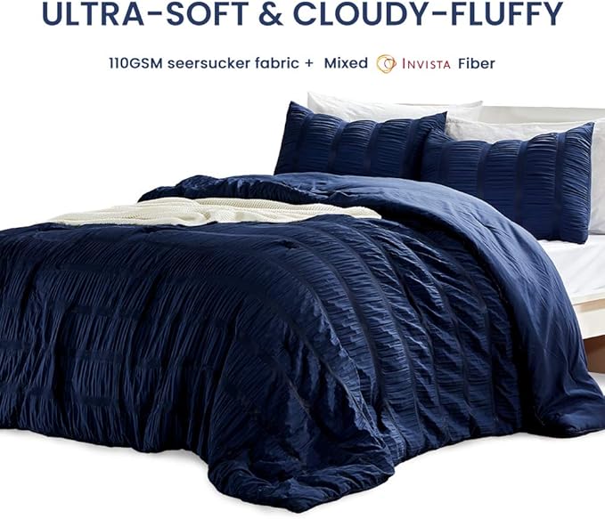 SLEEP ZONE Luxury Seersucker Queen Comforter Set 3-Piece, Soft & Lightweight Down Alternative Comforter Set with Pillow Sham Cooling for Summer, Navy