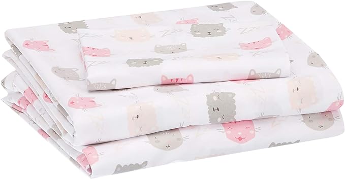 Amazon Basics Kid's Soft, Breathable, Easy-Wash Microfiber 3-Piece Sheet Set with Pillowcase, Twin, Peony Pink Kitties, Animal Print