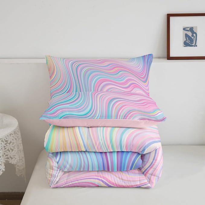 Feelyou Girls Pink Comforter Set Queen Size Kids Rainbow Stripe Bedding Set for Boys Teens Women Die Tye Comforter Breathable Geometric Duvet Princess Decor Quilt,1 Comforter with 2 Pillowcase