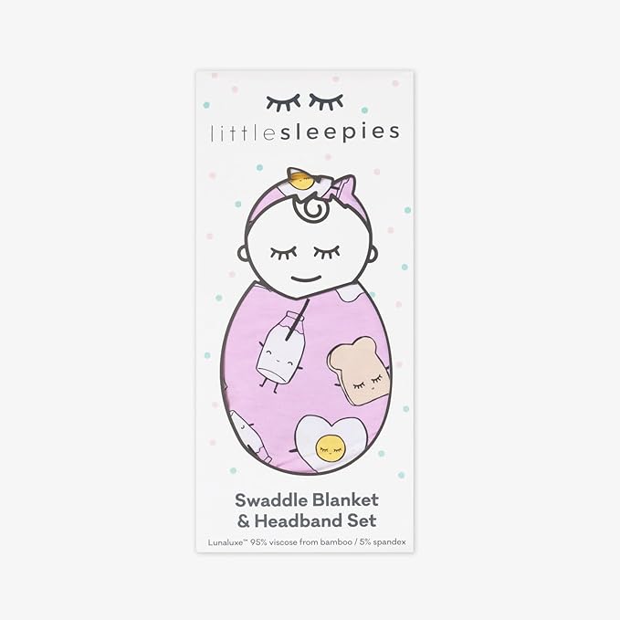 Little Sleepies Swaddle & Headband Bow Set, Viscose from Bamboo Baby Swaddles, Newborn Baby Girl Clothes (Pink Breakfast Buddies)