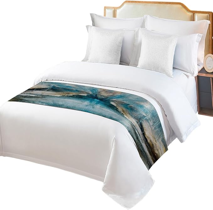 Abstract Mottled Turquoise Green Gray Art Bed Runners for Bedroom Hotel,Decorative Bedding Scarf Retro Painting Bed End Blanket Bedding Runner Scarves for King Size Bed,102x20in