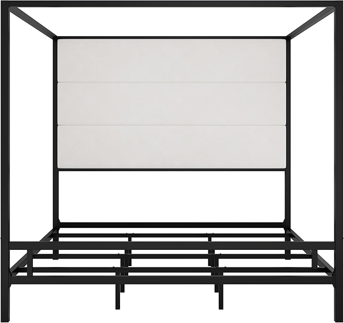 Merax King Size Modern Canopy Bed Frame, with Tall Linen Fabric Upholstered Headboard Metal 4-Poster, Box Spring Needed, Black + White