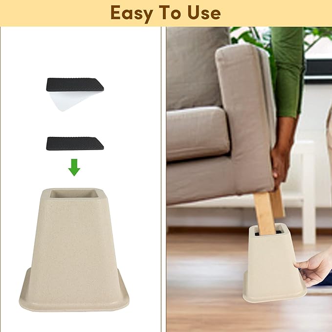 DEDU Bed Risers 6 Inch Heavy Duty 6 Pack, Furniture Risers for Sofas Oversized, Couch Risers with Non-Slip Pad Supports Up to 2200 Lbs for Bed, Desk, Chair (Beige)