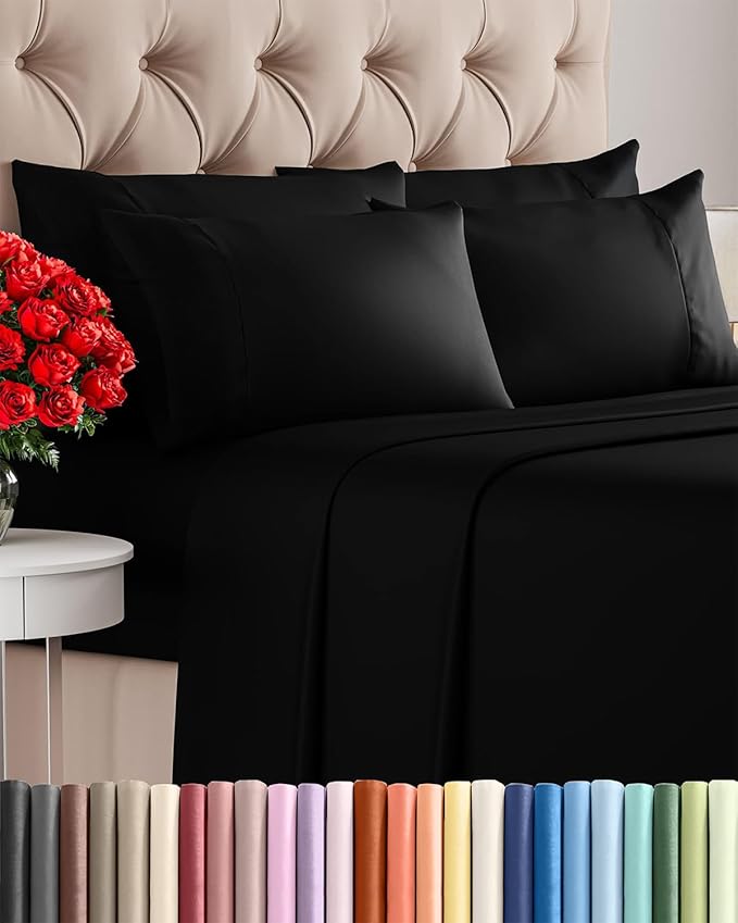 Full 6 Piece Sheet Set - Comfy Breathable & Cooling - Ultra Soft Hotel Luxury Bedding Set with 8-16 Inch Deep Pockets - 1 Flat & 1 Fitted Sheet & 4 Pillowcases - Cozy, Wrinkle Free & Easy Care - Black