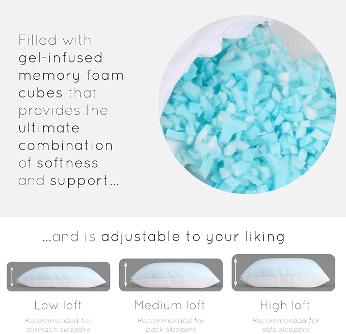 pillosophy Original Adjustable Loft Pillow • Gel-Infused Shredded Memory Foam Fill • Dual-Sided Washable Cooling Cover • Perfect for Back, Side, Stomach Sleepers (Standard Size, 1-Pack)