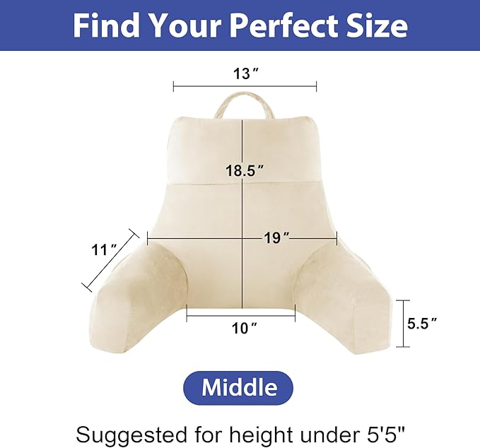 Back Pillow for Bed Sitting up, Reading Pillow for Sitting in Bed Adult, Back Support Pillow, Memory Foam Sit up Lounge Backrest Pillow with Arms for TV, Couch, Chair, Dorm, 18 Inch, Beige