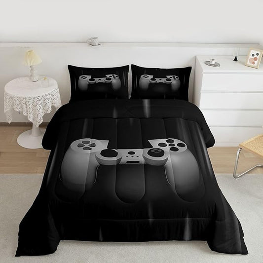 Feelyou Boys Gamer Comforter Set King Size Bedding Set for Kids Gaming Comforter Gray Black Video Games Gamepad Room Decor for Teens Child Super Soft Geometric Duvet Quilted Son Grandson Gift