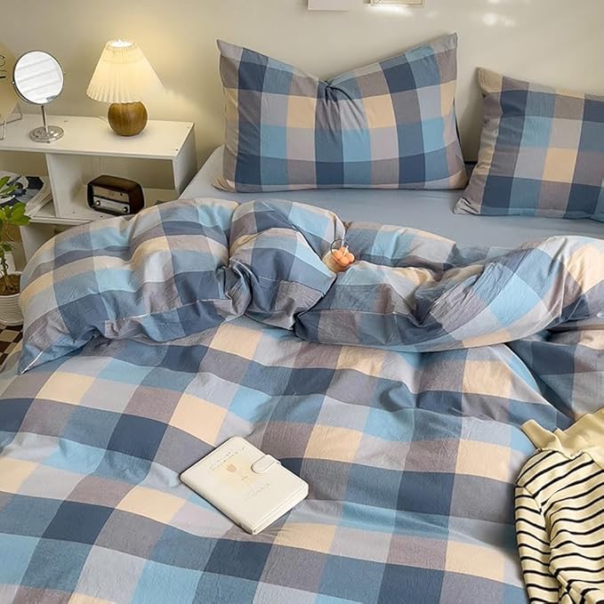 LifeTB Blue Grey Plaid Duvet Cover Set Twin 3 Pieces Boho Gingham Comforter Cover for Men Boys Simple Style Modern Plaid Bedding Set Reversible Buffalo Grid Duvet Cover with Zipper Closure 4 Ties