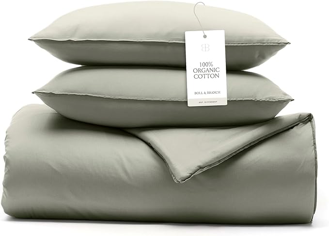 BOLL & BRANCH Signature Comforter Set - Twin/Twin XL, Sageleaf - Duvet Insert and Cover in One Layer - Luxury Organic Cotton, Down Alternative, Hypoallergenic, All-Season - 1 Comforter and 2 Shams