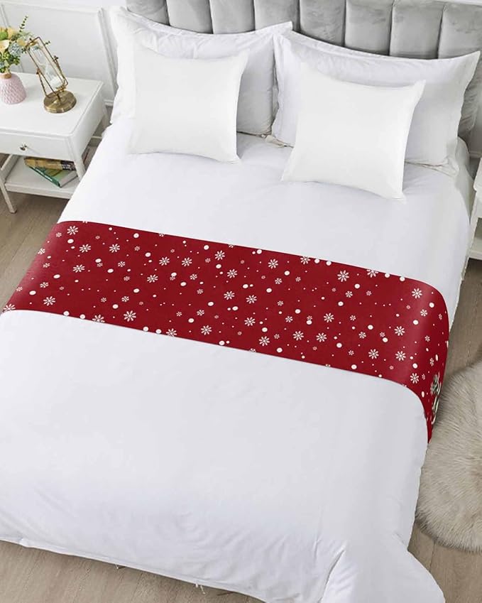 Christmas Tree Snowflakes Snowman Bed Runners for Bedroom Hotel,Decorative Bedding Scarf Red White Green Bed End Blanket Bedding Runner Scarves for Twin Size Bed,71x20in