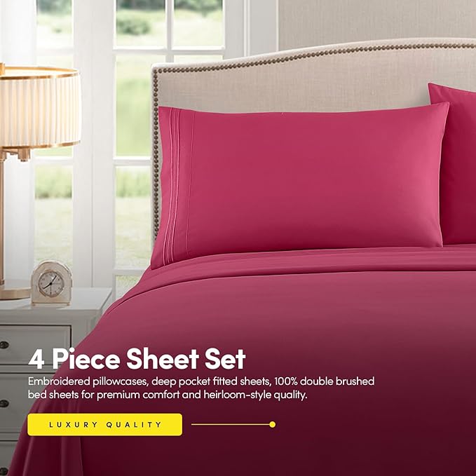 Twin XL Size Sheet Set with Built-in Sheet Straps - Deep Pocket Fitted Sheet, Flat Sheet & Pillowcases - Soft, Wrinkle-Free, Secure Fit - Fuschia