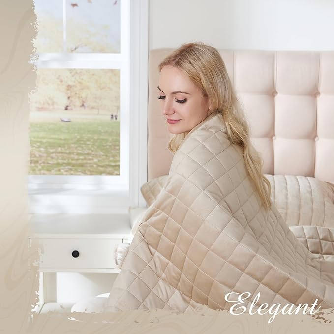 Luxury Velvet Quilt Set Queen Size, Comforter Set with Pillow Shams, Soft Lightweight Bedspread Coverlet Bedding Sets for All Seasons, Light Khaki