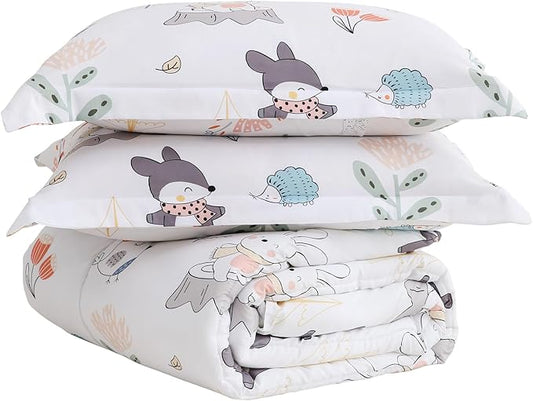 Yibeizi Woodland Animals Comforter Set Full Size, Kids Forest Floral Camper Themed Printed Bedding Set with Pillow Sham, Cute Lightweight Soft Breathable Machine Washable Quilted Bed Comforter