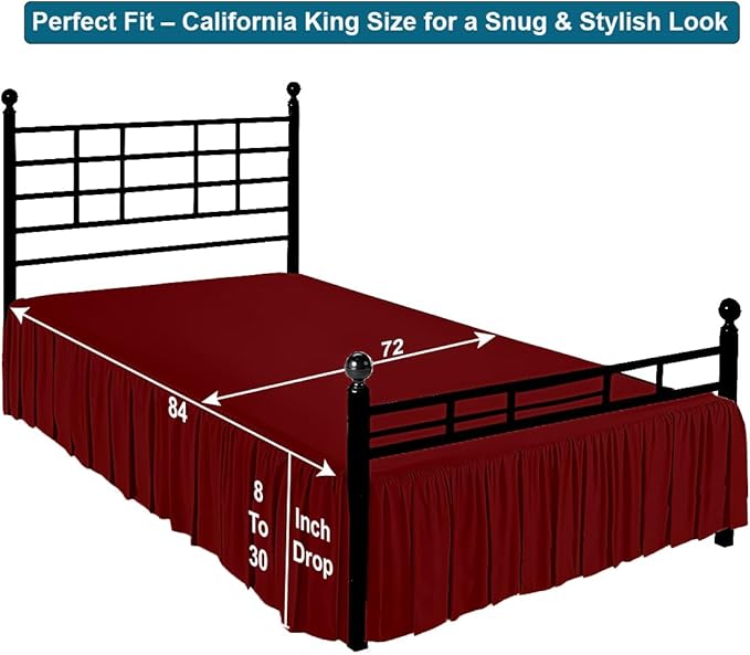 Shreem Linen Ruffled Bed Skirt with Split Corners, Gathered Style, 100% Microfiber, 8-Inch Drop, Dust Ruffle Bedskirt with Platform, Cal-King, Burgundy