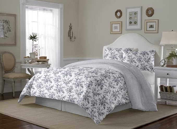 Laura Ashley Home - Queen Comforter Set, Reversible Cotton Bedding, Includes Matching Shams with Bonus Euro Shams & Throw Pillows (Annalise Grey, Queen)