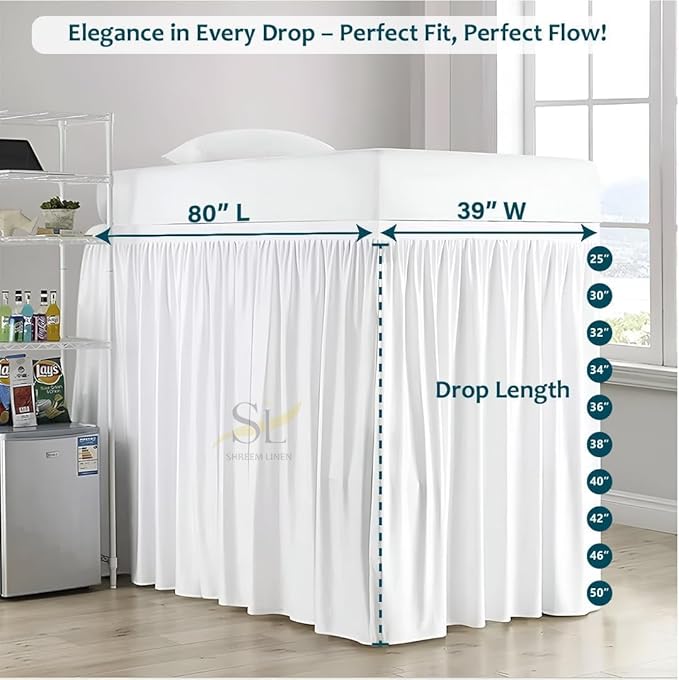 Shreem Linen Dorm Room Bed Skirt Twin XL 46 Inch Drop, 100% Microfiber Extra Long Bedskirt, White