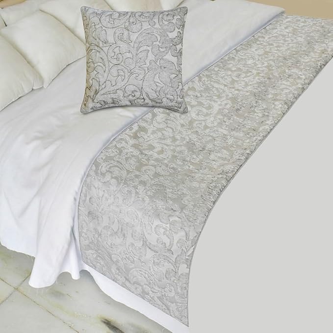 The HomeCentric King/Queen/Twin Silver Decorative CA King 86"x18" Bed Runner with Two Pillow Cover, Abstract, Floral, Bead Hand Embroidery Bed Scarf on Jacquard Fabric - Ethereal Silver