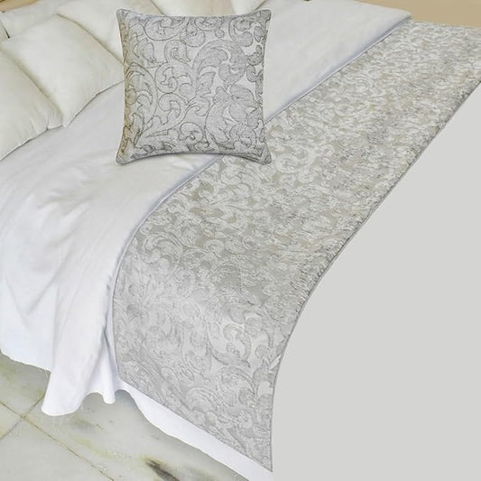 The HomeCentric King/Queen/Twin Silver Luxury Full 68"x18" Bed Runner with One Pillow Cover, Abstract, Floral, Bead Hand Embroidery Bed Scarf on Jacquard Fabric - Ethereal Silver