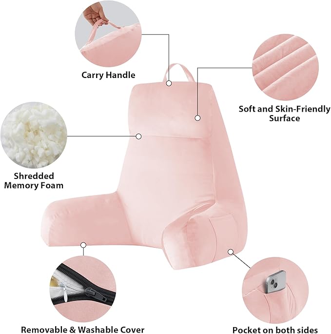Back Pillow for Bed Sitting up, Reading Pillow for Sitting in Bed Adult, Back Support Pillow, Memory Foam Sit up Lounge Backrest Pillow with Arms for TV, Couch, Chair, Dorm, 24 Inch, Pink