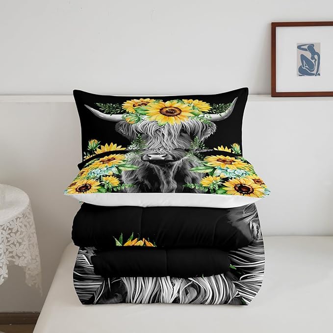 Feelyou Highland Cow Bedding Set Kids Sunflower Floral Western Cow Bull Comforter Set for Girls Teens Farmhouse Wildlife Animal Comforter Black Duvet Set Room Decor Quilt Set Queen Size