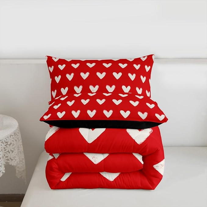 Red White Comforter Set King Size Cute Heart Pattern Bedding For Kids Boys Girls Valentine Day Gift Quilt Cartoon Love Geometric Duvet Insert Love Heart Soft Warm Bedding Sets Bedroom Decor 3Pcs