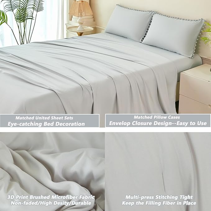 PERFEMET Light Grey Bedding 5 Pcs Full Size Bed in a Bag Set Pom Pom Fringe Boho Comforter with Sheets Ultra Soft Fluffy Down Alternative Solid Bedding Set for Boys Girls(Light Grey, Full)