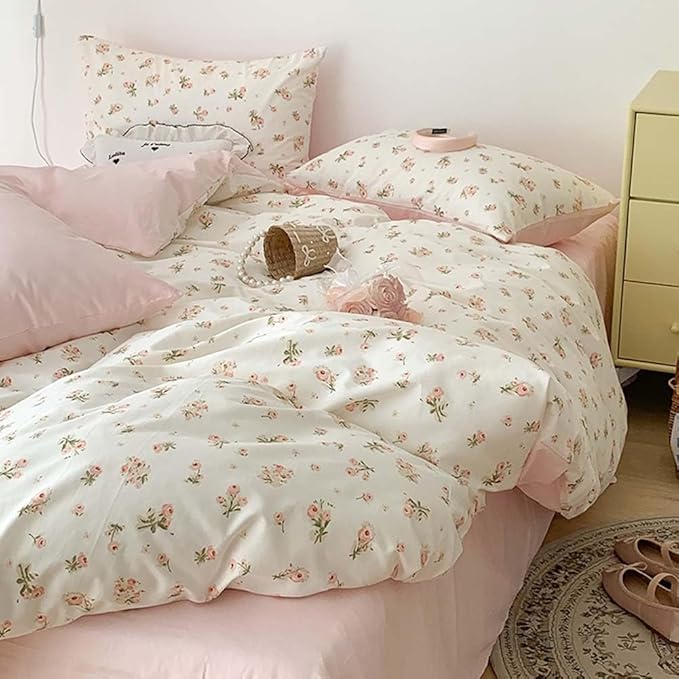 Nayoroom Pink Floral Duvet Cover Queen Size Reversible Green Botanical Leaf Printed on White Spring Comforter Cover 3Pcs Soft Microfiber Aesthetic Cottagecore Bedding Set Gift for Women Girls