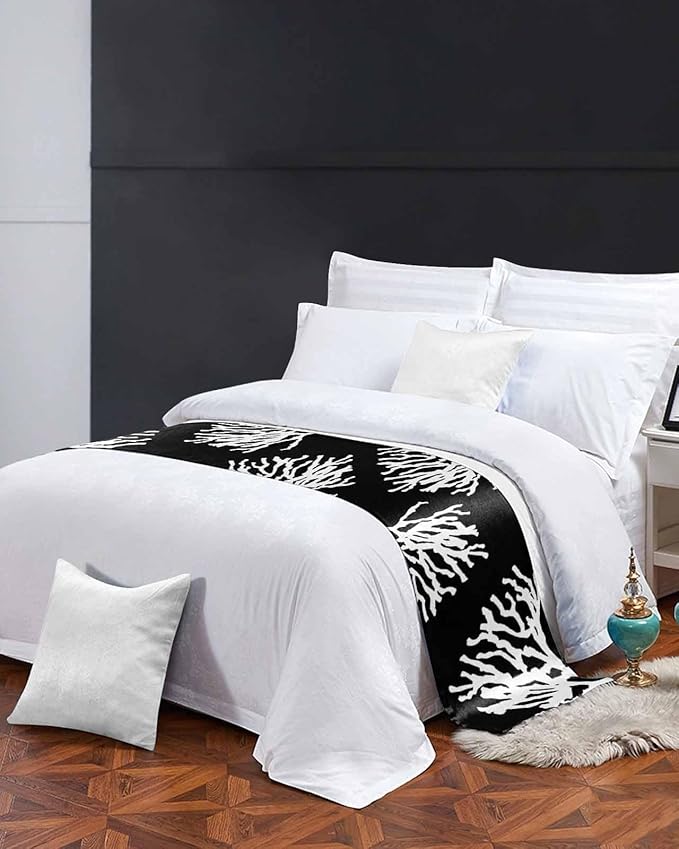Coral Black Bed Runner Scarf for Full Size Bed Foot,Decorative Bedding Accessory Stainproof & Dustproof Soft Protector For Bedroom Hotel Wedding Room Coastal White Ocean Marine Nautical Beach 83"x20"