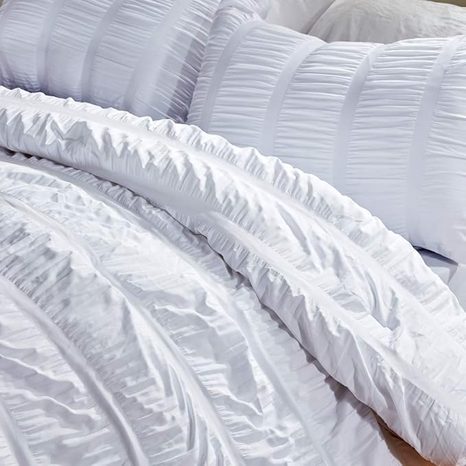 SLEEP ZONE Luxury Seersucker King Size Comforter Set 3-Piece, Soft & Lightweight Down Alternative Duvet Insert with Pillow Sham Cooling for Summer, White