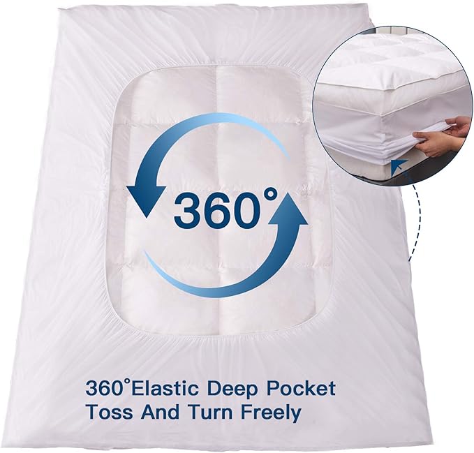 ELEMUSE Twin Size Extra Thick Fusion Goose Down Feather Filled Mattress Topper, Plush Fluffy Double Layer Pillowtop Mattress Pad Cover, Soft Featherbed with 8-21 Inch Deep Pocket