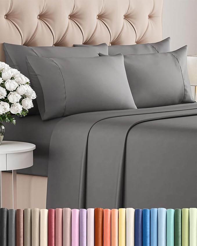 Queen 6 Piece Sheet Set - Comfy Breathable & Cooling - Ultra-Soft Hotel Luxury Bedding Set with 8-16 Inch Deep Pockets - 1 Flat & 1 Fitted Sheet & 4 Pillowcases - Wrinkle Free & Easy Care - Dark Grey