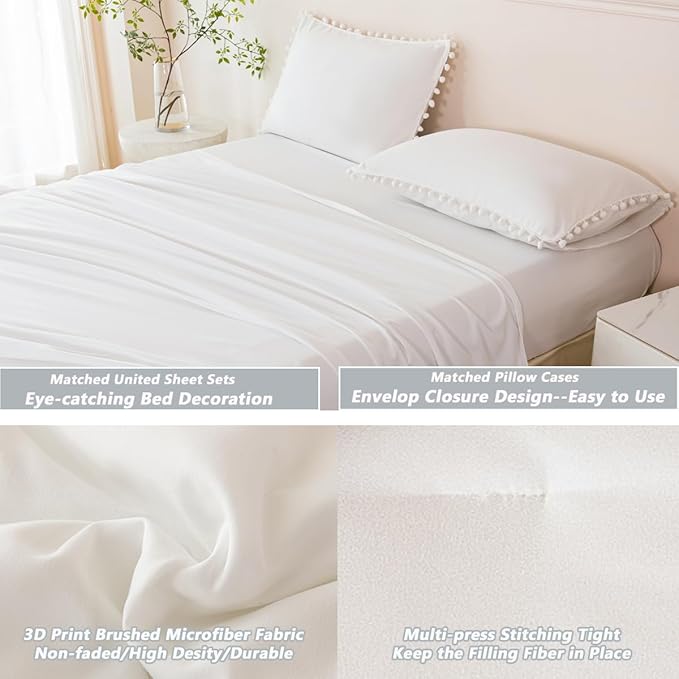 PERFEMET 5 Pcs Ivory Comforter Sets Full Size Pom Pom Fringe Solid Bedding Set with Sheets Soft Lightweight White Kids Bed in A Bag for Girls Boys(Ivory, Full)