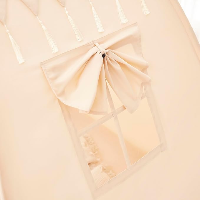 Akiky Bed Tent Bed Canopy Twin Size with Bottom,Kids Tent Indoor Floor with Lights Portable Foldable Bunk Curtains for Girls Boys (Natural, Twin)