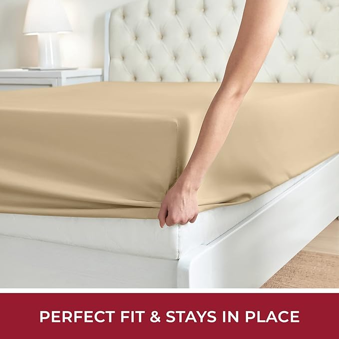 Mellanni Twin XL Fitted Sheet - Iconic Collection Bedding Sheets with up to 16 inch Deep Pocket - Soft & Cooling - Fade & Stain Resistant - 1 PC (Twin XL, Beige)