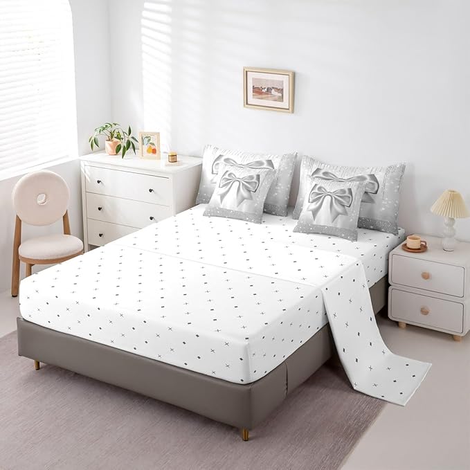 Feelyou Bowknot Comforter Set Full Size 7 Pieces Dreamy Princess Bedding Set for Kids Boys Girls Glitter Bed in a Bag with Comforter, Sheets, Pillowcases, Cushion Covers Cute Bow Quilted Soft