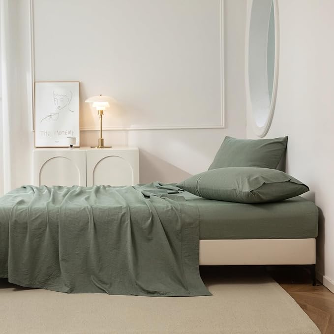 JIYUAN 100% Washed Cotton Sheet Set 4 Pieces Cal King,1 Fitted Sheet,1 Flat Sheet and 2 Pillowcases,Comfy and Breathable Linen Like Bedding Set,Heathered Green