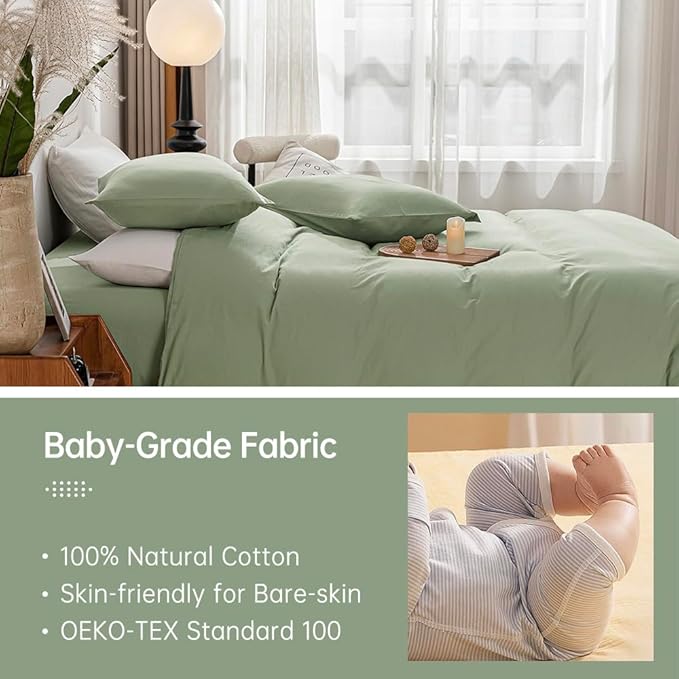 JELLYMONI Light Green Duvet Cover King Size - 100% Washed Cotton Linen Like Textured Comforter Cover, 3 Pieces Breathable Soft Bedding Set with Zipper Closure (Light Green, King 104"x90")