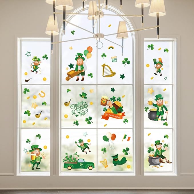 St Patricks Day Window Clings, Large Leprechaun Style Reusable Static Window Stickers for St Patricks Day Decorations