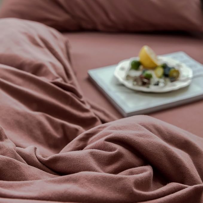 LifeTB Brick Red Duvet Cover Full Size Soft Jersey Knit Cotton Bedding Set Minimalist Clay Rust Red Comforter Cover 3 Pieces Solid Color Bedding Set Knitted Cotton Duvet Cover with 2 Pillowcases