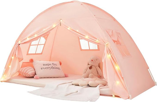 Akiky Bed Tent Bed Canopy Twin Size with Bottom,Kids Tent with Lights Portable Foldable Bunk Bed Curtains for Girls Boys (Pink, Twin)