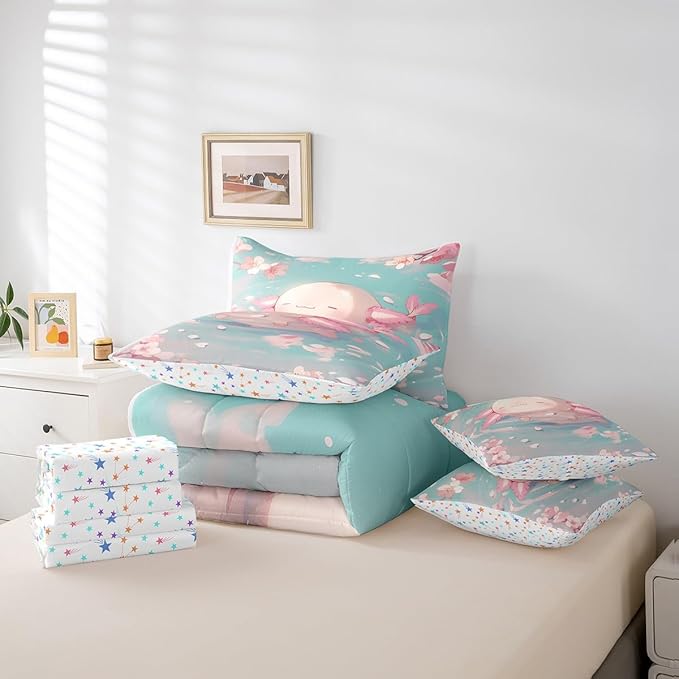 Feelyou Kids Cute Axolotl Comforter Set with Sheets Full Size, Cartoon Salamander 7 Pieces Bedding Set Boys Girls Kawaii Ocean Sealife Bed in A Bag Cherry Blossoms Teens Bed Set Bedroom Decor 7Pcs