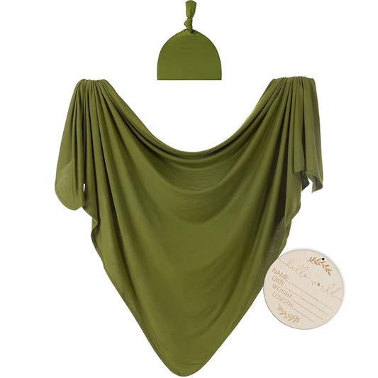 Large Jersey Knitted Swaddle Blanket for Baby, Soft Stretchy Receiving Blanket for Newborns with Hat, Baby Nursery Swaddle 47 x 47 inches(Olive)