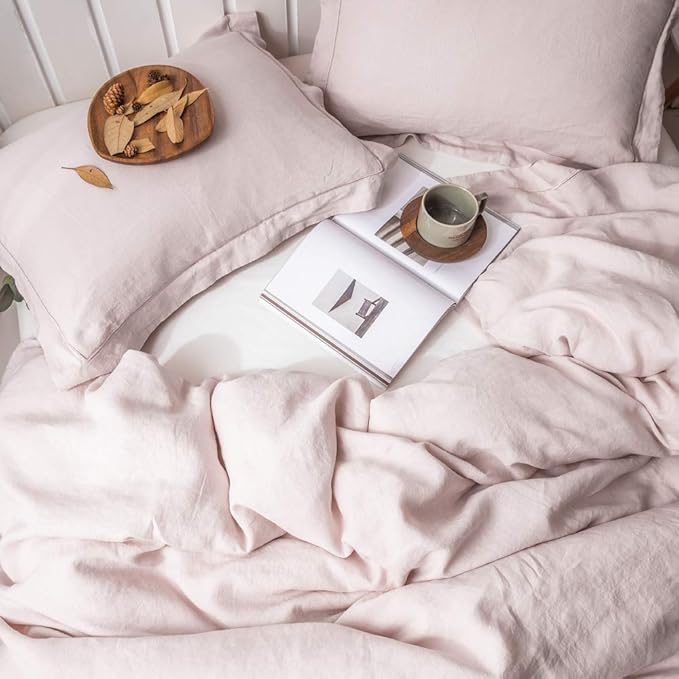 Simple&Opulence 100% Washed Linen Duvet Cover with Embroidered, 3 Pieces Soft Farmhouse Comforter Set with Button Closure,1 Duvet Cover and 2 Pillowshams(Full,Dusty Pink)
