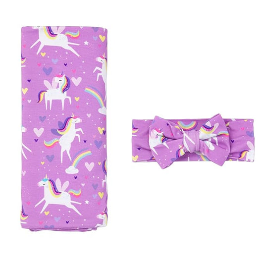 Little Sleepies Swaddle & Headband Bow Set, Viscose from Bamboo Baby Swaddles, Newborn Baby Girl Clothes (Sienna's Unicorns)