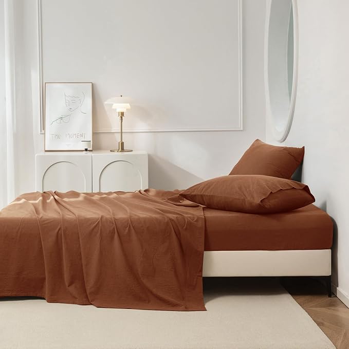 JIYUAN 100% Washed Cotton Sheet Set 4 Pieces Full,1 Fitted Sheet,1 Flat Sheet and 2 Pillowcases,Comfy and Breathable Linen Like Bedding Set,Burnt Orange